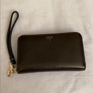 Black Fossil Leather Wristlet